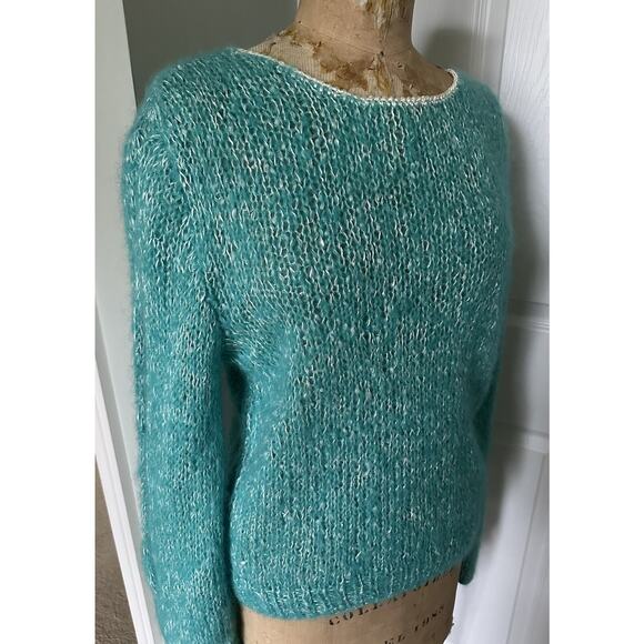 Vintage mohair Blend Sweater Woman Crew Blue Teal Turquoise White Wide Sleeves - Picture 13 of 16